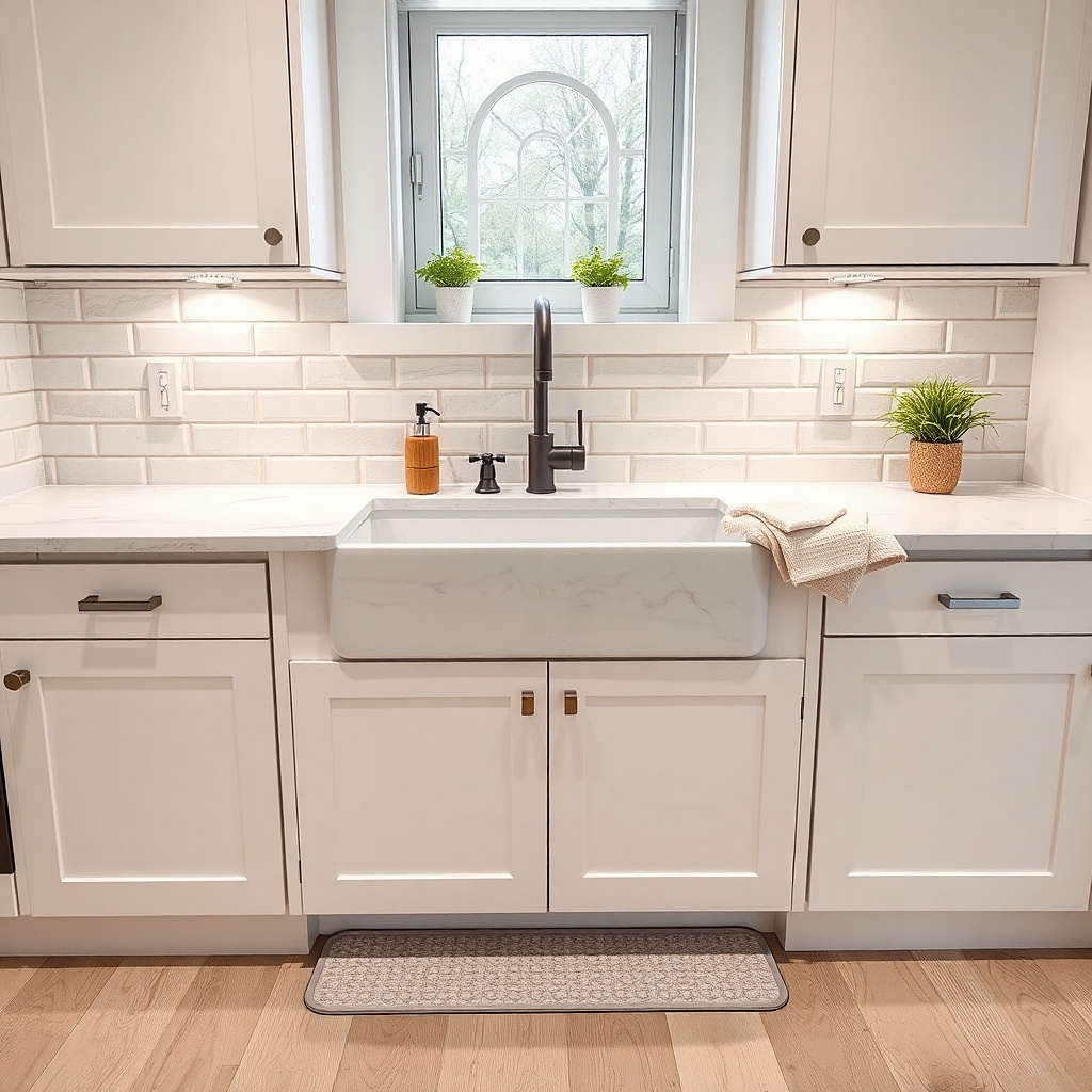 A small peel-and-stick floor mat with a white and gray geometric pattern sits directly in front of the sink. The rest of the floor remains original.