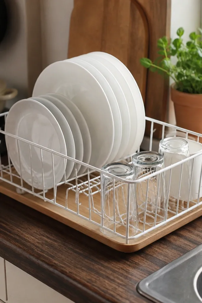 A white dish drying rack sits on the counter with a light oak base tray underneath. A few white plates are propped neatly.