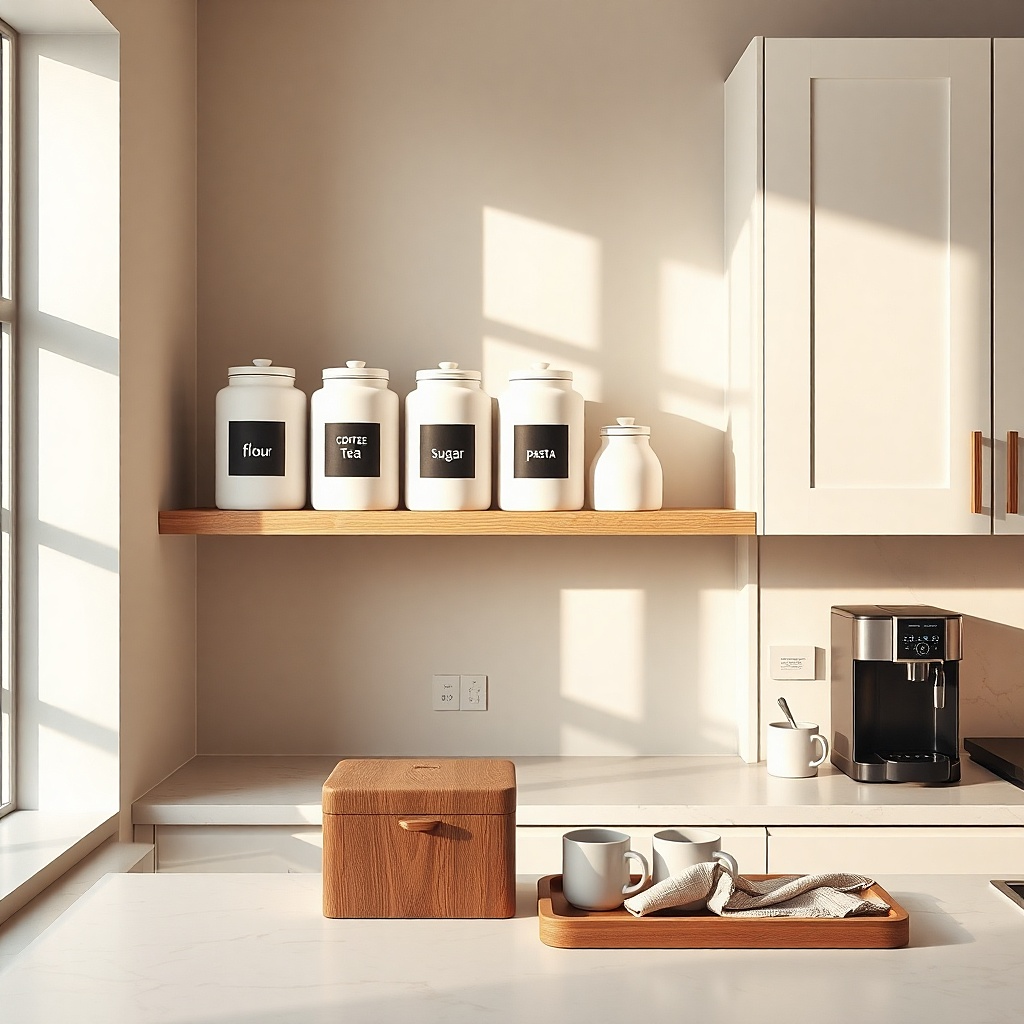 Three white canisters with black lids are lined along a counter. Each jar has a simple black label tag with the same font style.