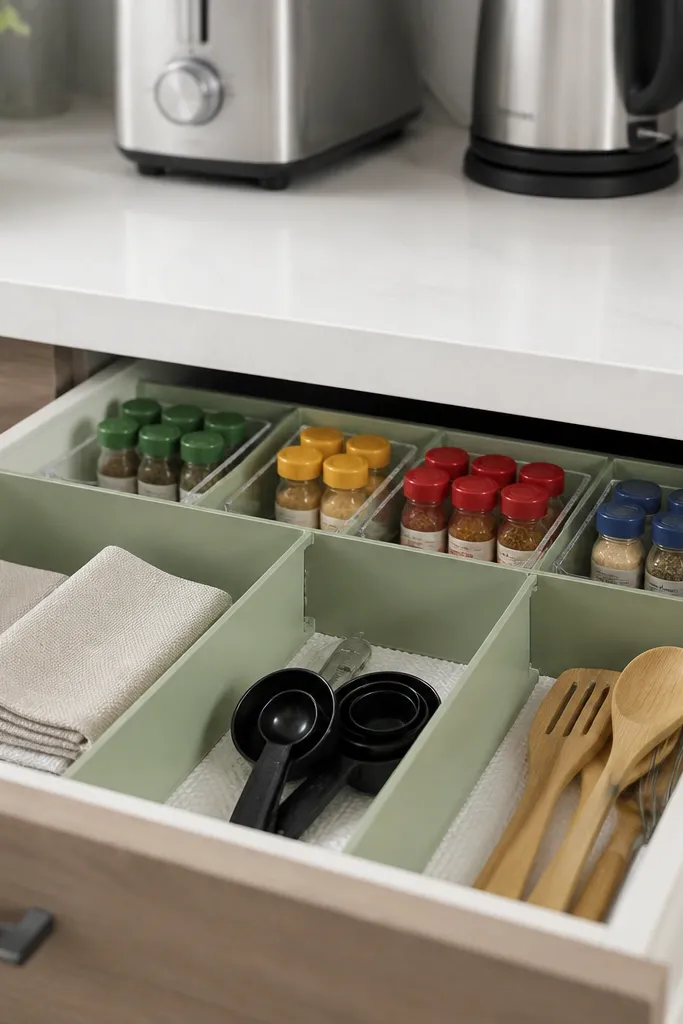 A small spice drawer is styled with a white drawer liner, sage-green dividers, and neatly arranged spice jars with matching labels.