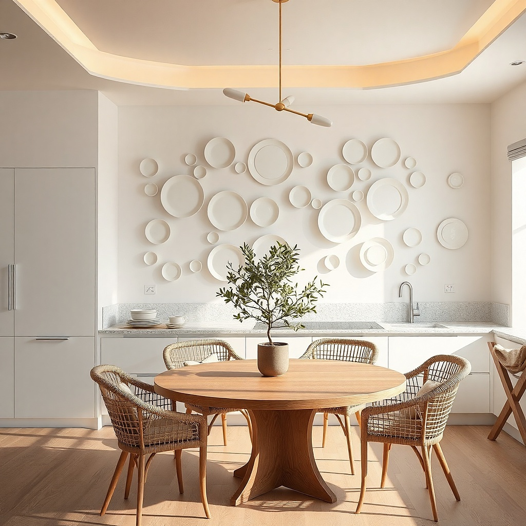 A blank wall near the dining nook holds three white decorative plates mounted with removable hooks. The plates vary slightly in shape, and a small black frame sits below.