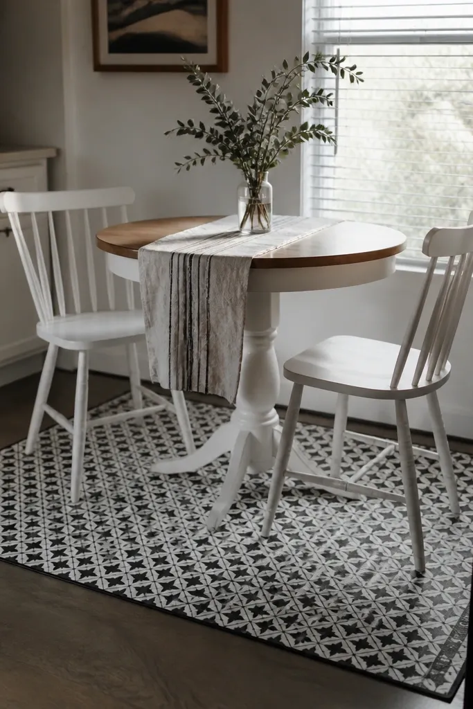 A small black-and-white tile-pattern peel-and-stick mat sits under a compact kitchen table. White chairs surround it, and a runner is placed on the tabletop.