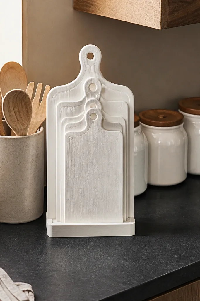 A stack of two light wood cutting boards sits on a counter behind a white canister. A small linen towel is folded next to it.