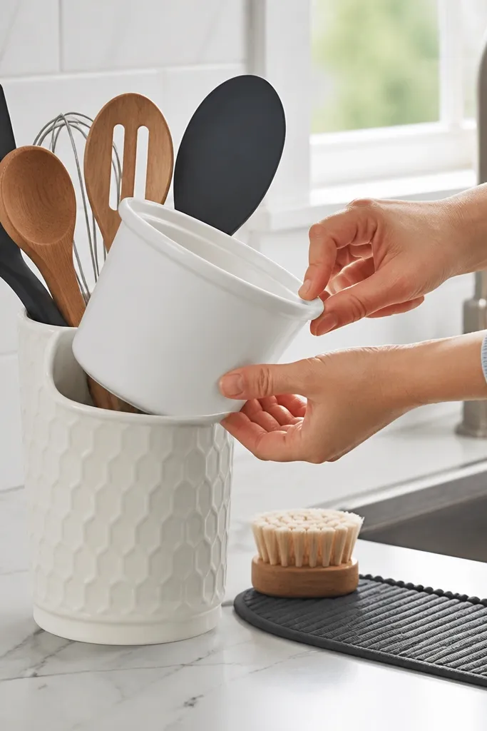 A white ceramic utensil crock sits on the counter with a removable white liner. Hanging above is a small black-and-white striped towel.