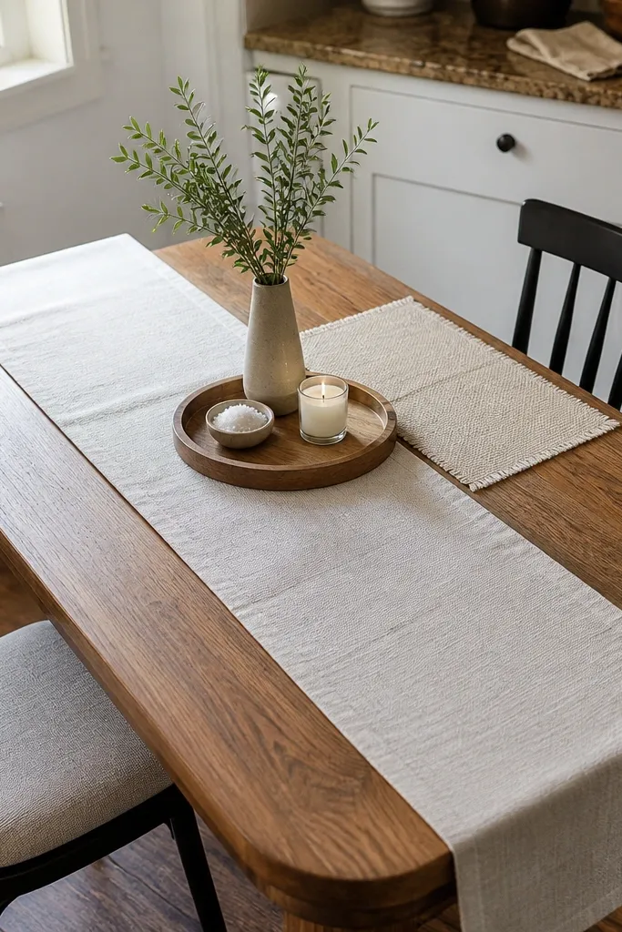 A narrow white runner runs down a small kitchen table. A single white tray holds a bowl and a small plant, and placemats are simple off-white.