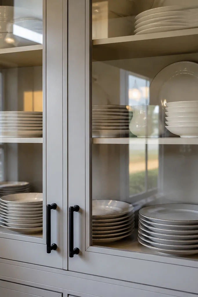 A small glass-front cabinet displays white dishes. Inside, everything is arranged in rows, and black cabinet handles or knobs stand out against white frames.