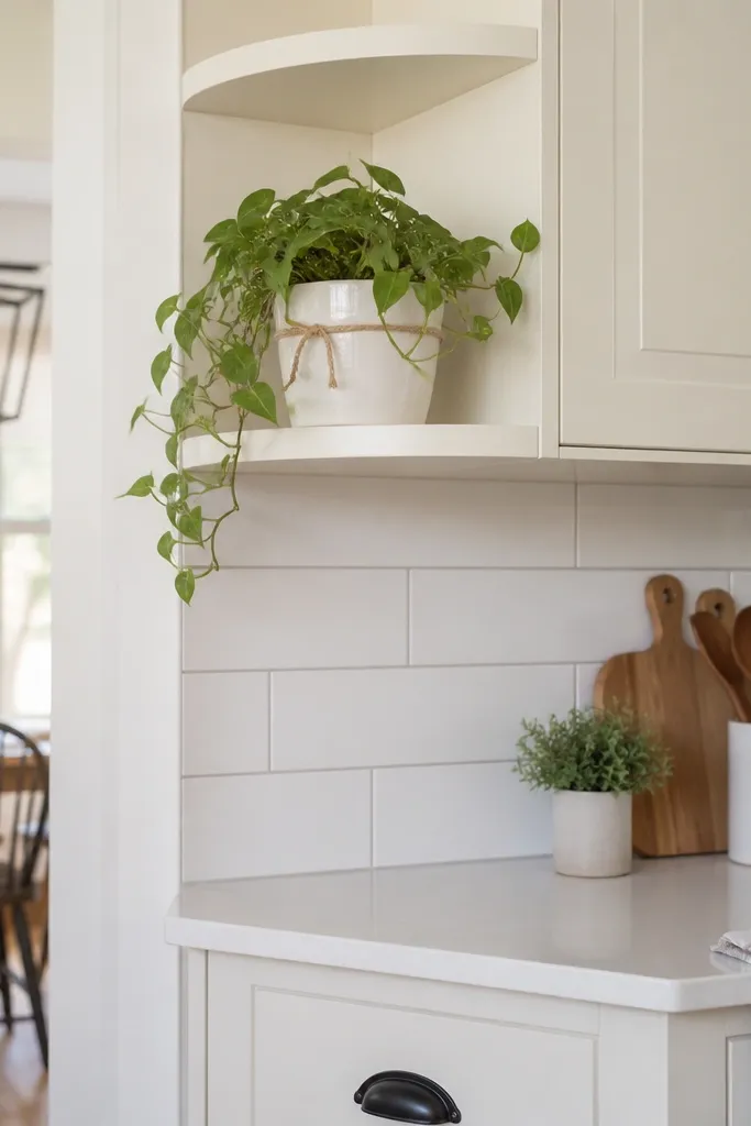 A small corner shelf holds a white ceramic planter with a small trailing plant. A light wood frame holds a simple kitchen print nearby.