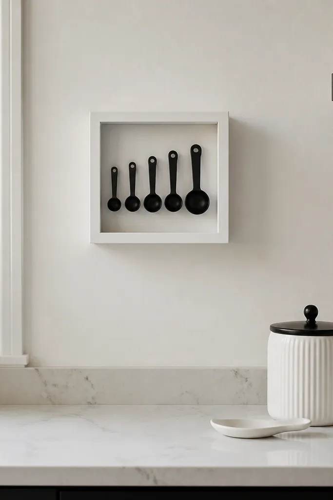 A small framed shadow box hangs on the wall with black measuring spoons arranged neatly. Below it, a white canister sits on the counter.