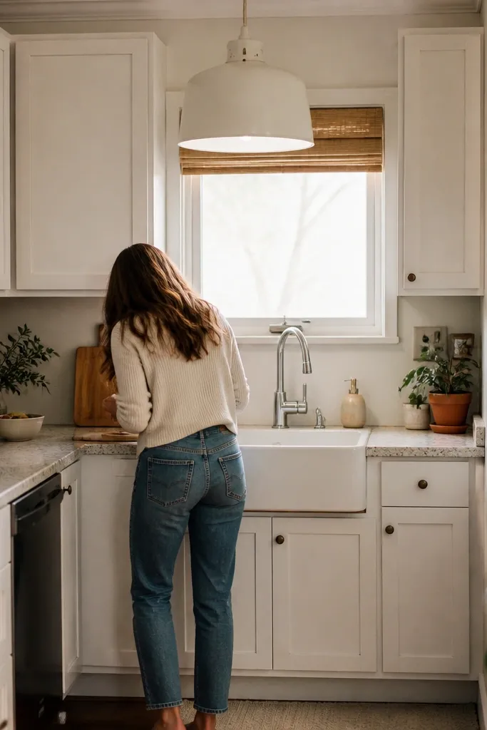 A white pendant lamp hangs over the sink area with a simple cord and a small drum shade. The sink has a white soap dispenser and a small dish tray.
