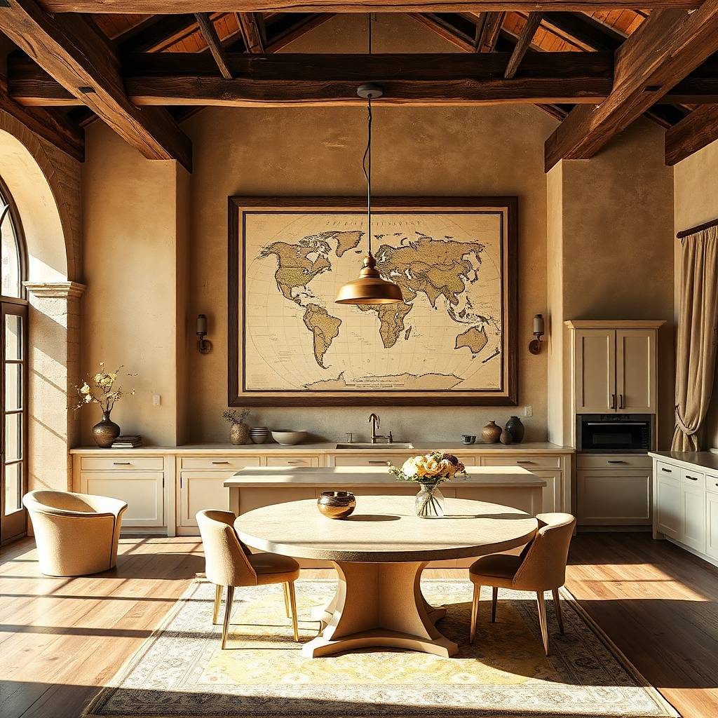 Warm cream linen map in a wide dark frame on a kitchen wall