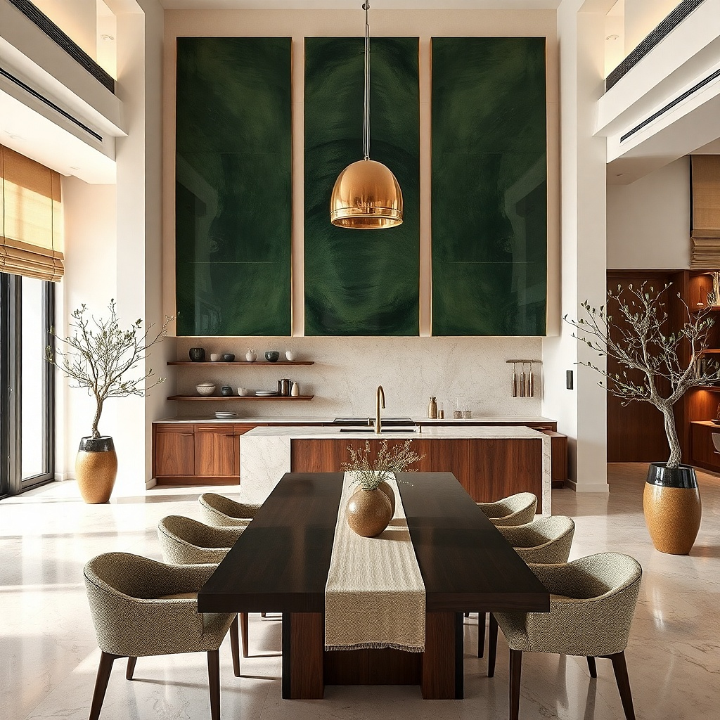 Three ceramic tile panels in deep green arranged as a triptych