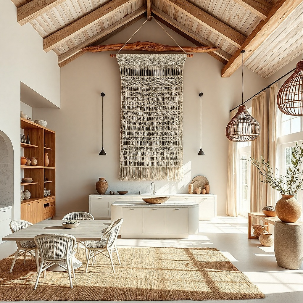 Large natural cotton macramé wall hanging with a rounded top knot