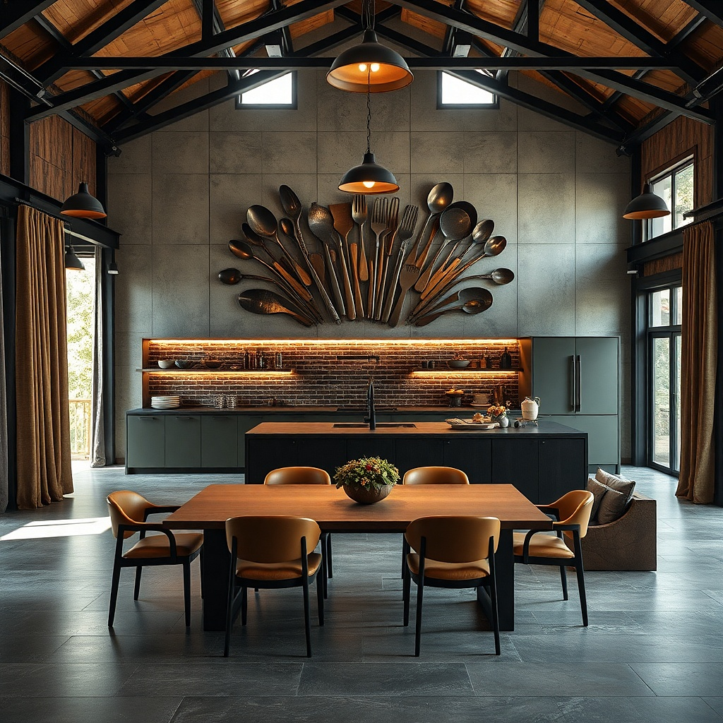 Large metal wall sculpture with utensil shapes mounted on a kitchen wall