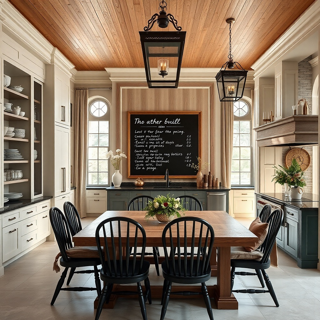 Large black framed chalkboard menu board on a kitchen wall