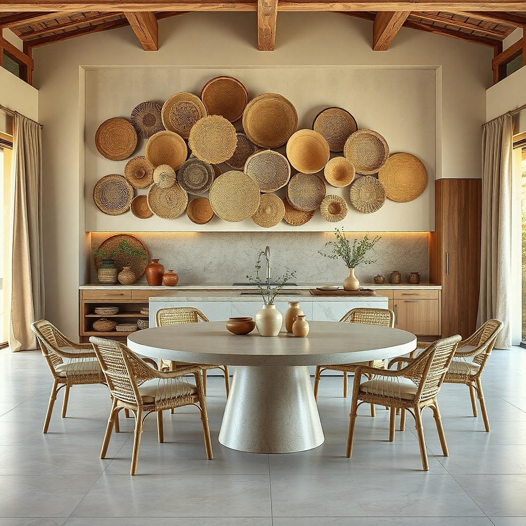 Three woven baskets in tan tones mounted on a kitchen wall