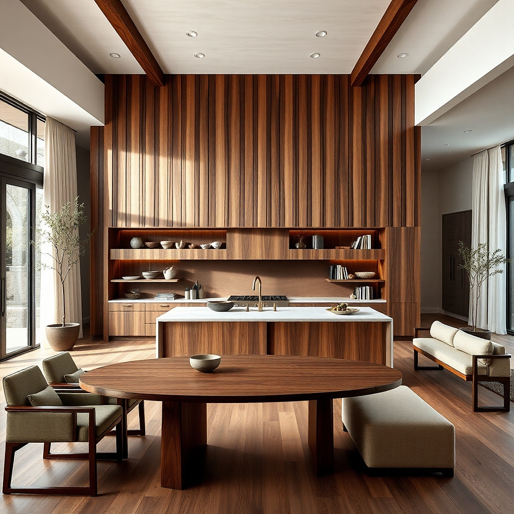 Large vertical wood slat panel in walnut stain mounted on a kitchen wall