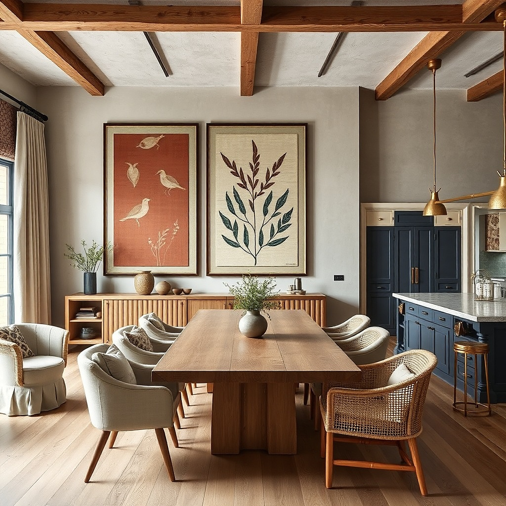 Large framed fabric panel with subtle block-printed pattern on a kitchen wall