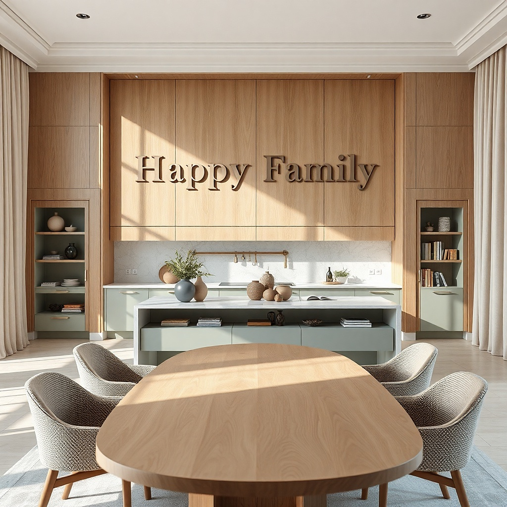 Large monochrome typography sign mounted above a kitchen dining wall