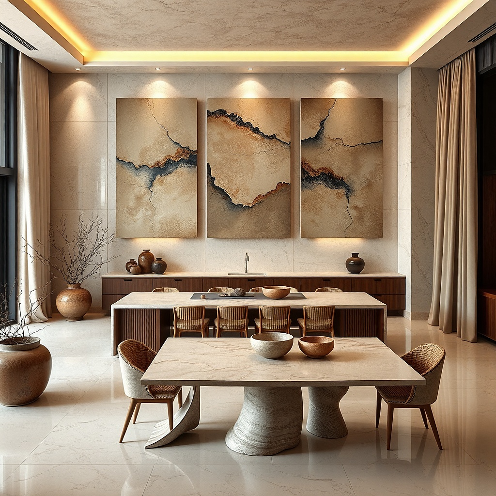 Large abstract art with beige and espresso tones in a dark frame