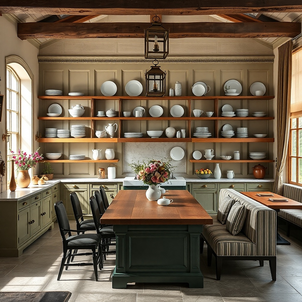 Wall-mounted plate rail holding five decorative plates in coordinated colors