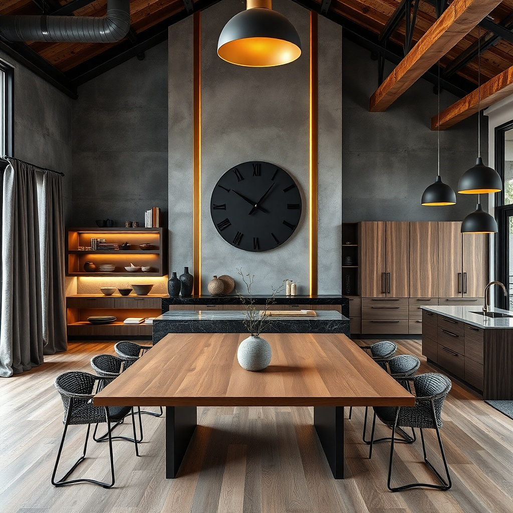 Large matte black wall clock mounted on a kitchen wall