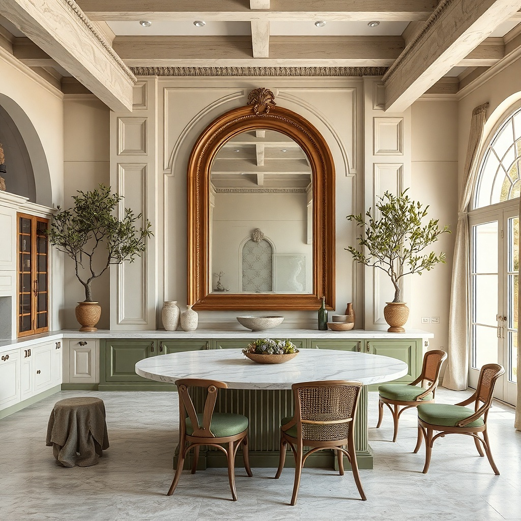 Arched mirror with subtle botanical frame details on a kitchen wall