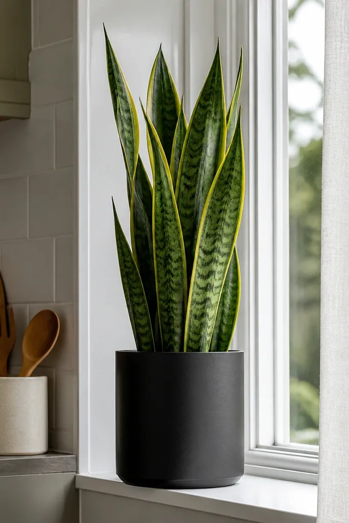 Tall matte-black pot with upright snake plant leaves on a kitchen window sill