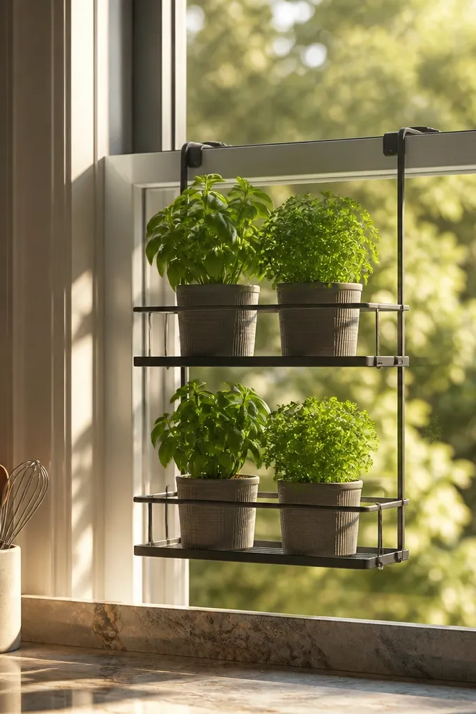 Small herb pots on a slim rack beside a kitchen window with trailing leaves