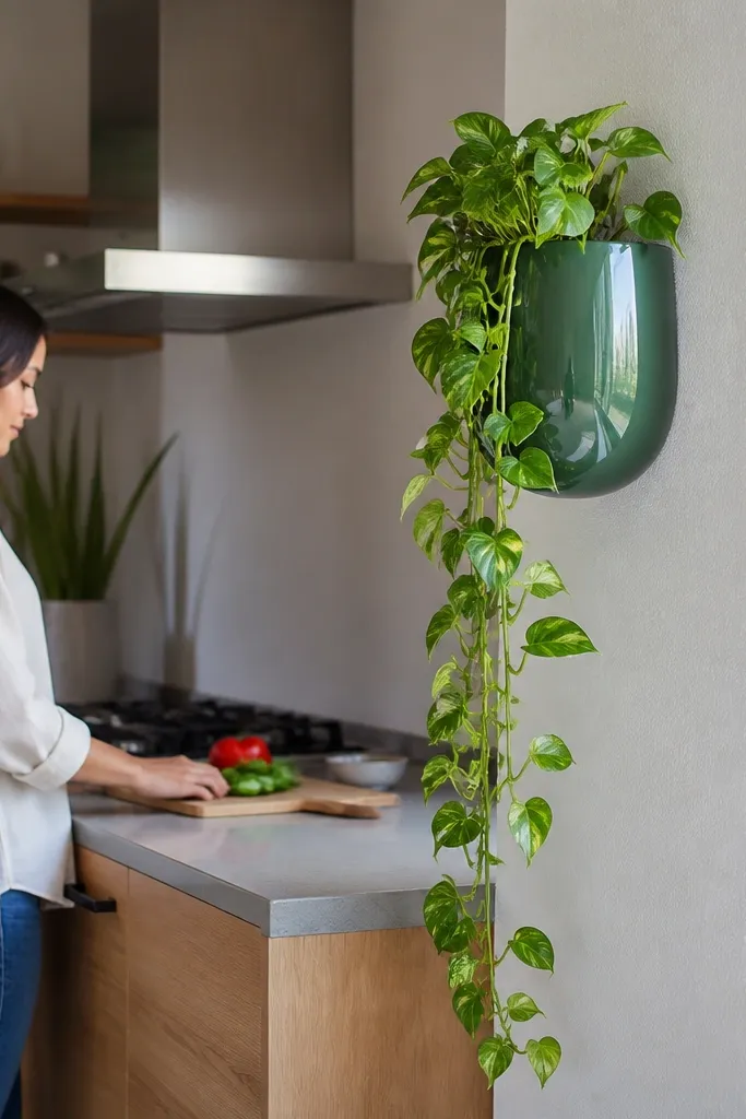 Glazed wall planter with pothos trailing down near a kitchen window