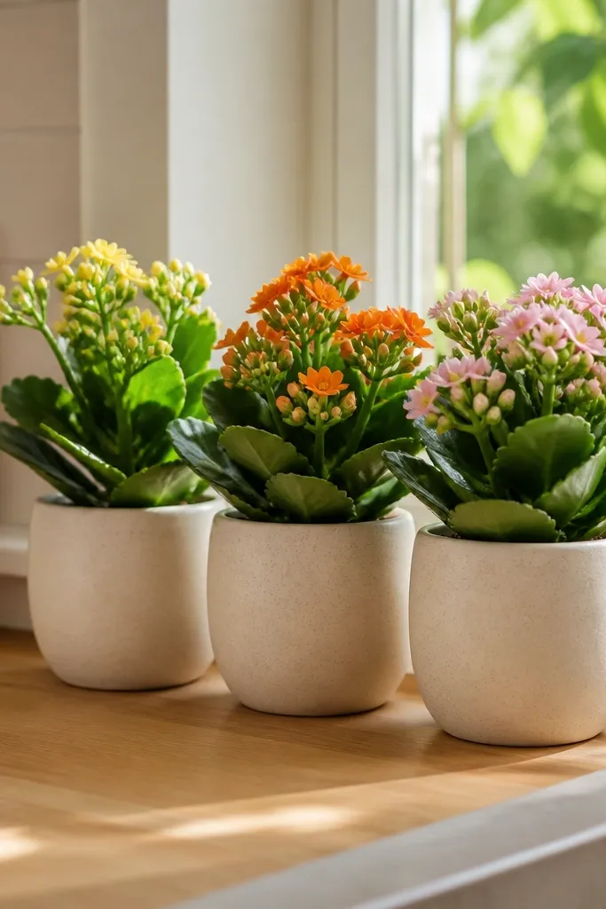 Cream pots with compact kalanchoe rosettes on a kitchen window sill