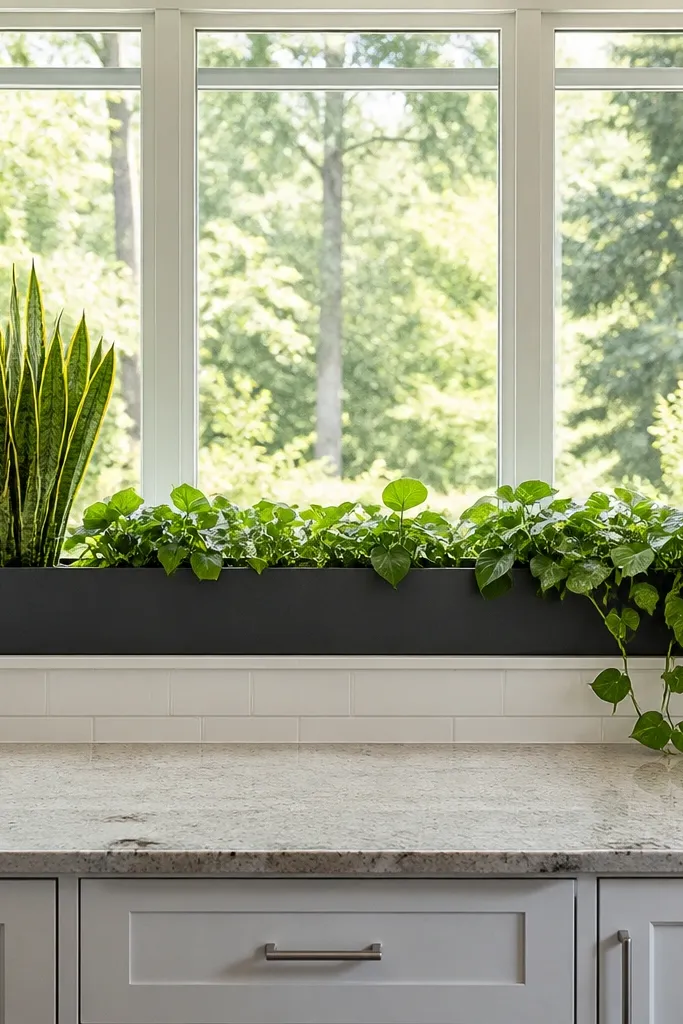 Long planter box with upright plants and one trailing plant draped over the edge
