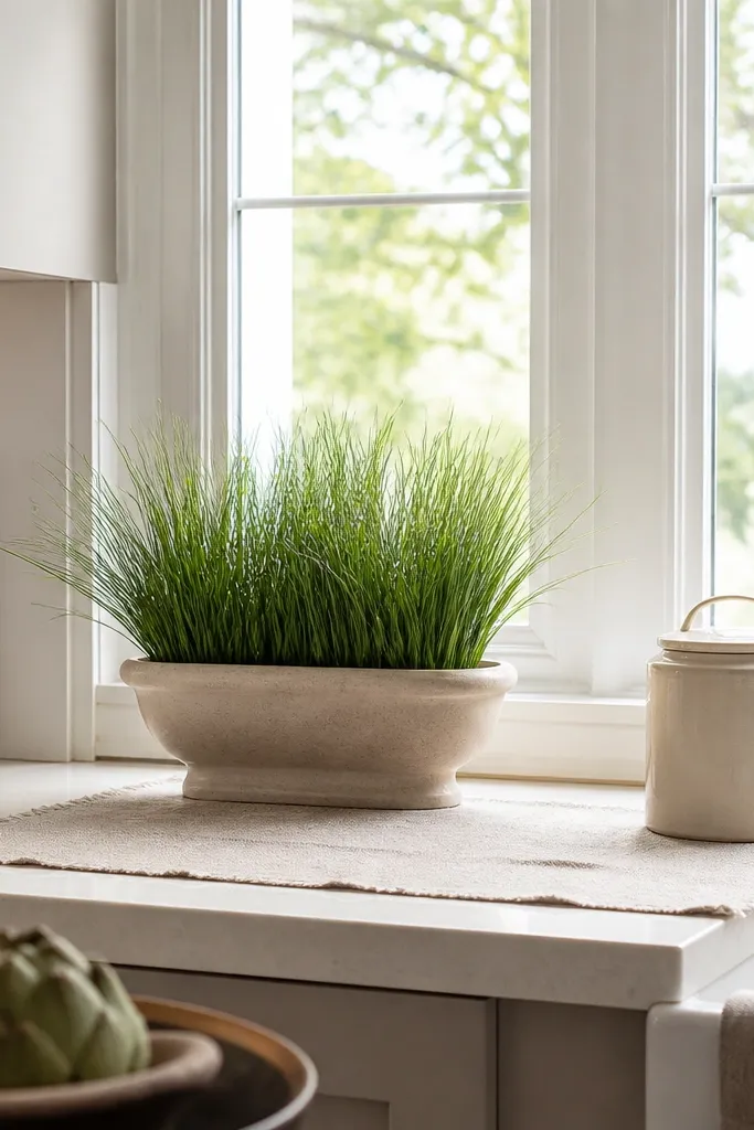 Narrow urn planter with tufted indoor grass on a kitchen window sill