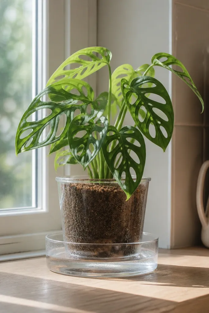 Swiss cheese plant in a clear pot on a drip tray near a bright kitchen window