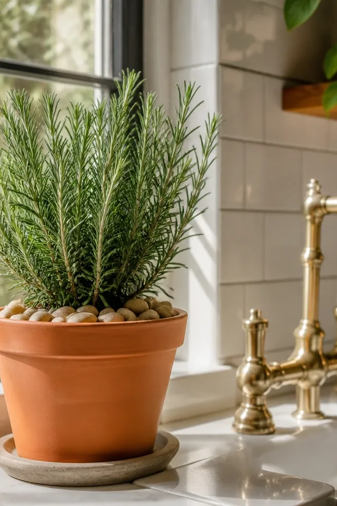 Terracotta pot with rosemary and small pebbles on a kitchen window sill