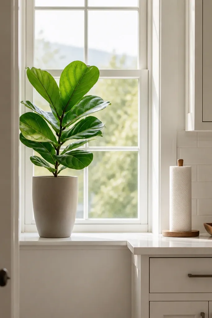 Small fiddle-leaf fig in a tall ceramic pot on a kitchen window sill