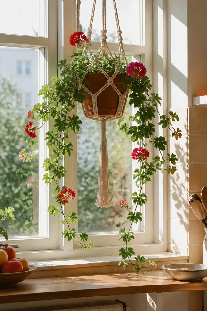 Hanging macramé planter with trailing ivy geranium near a kitchen window