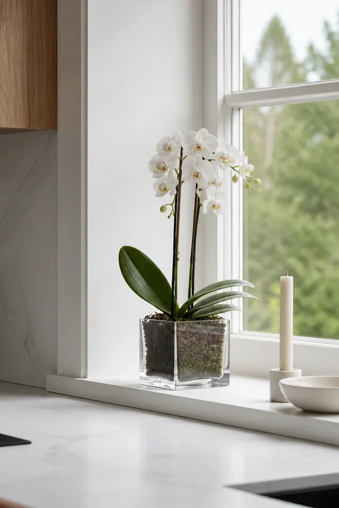 Small orchid in a clear holder on a kitchen window sill