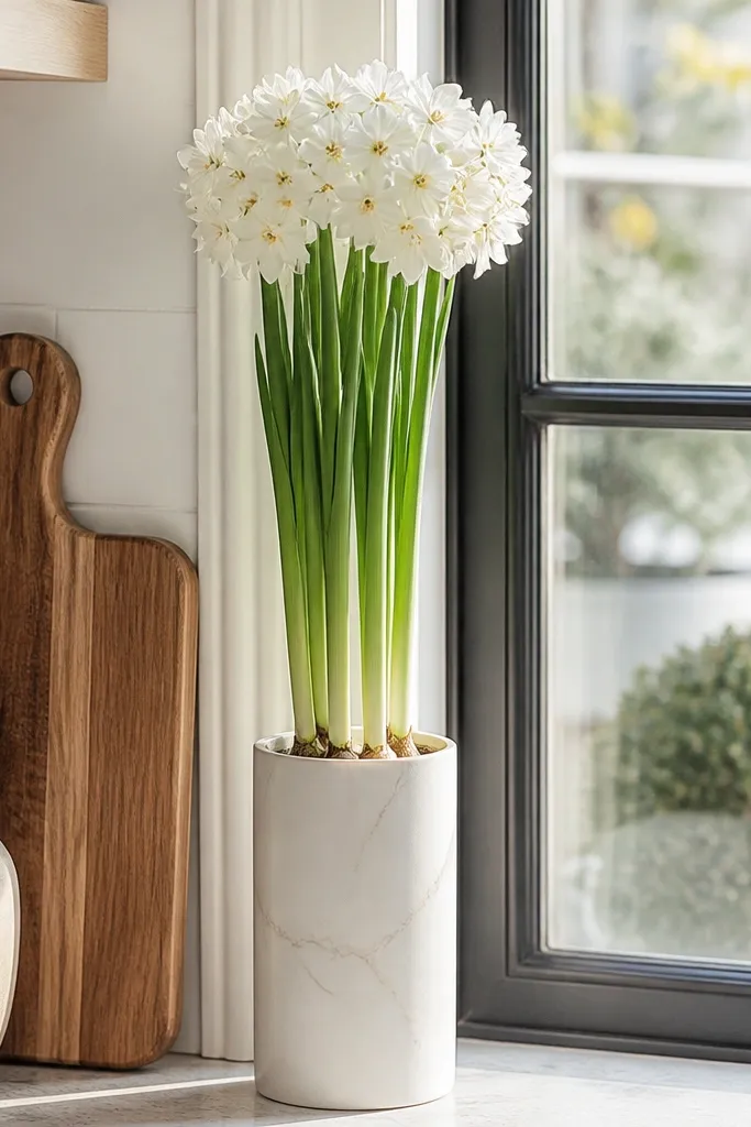Tall planter with white flowering bulbs near a kitchen window