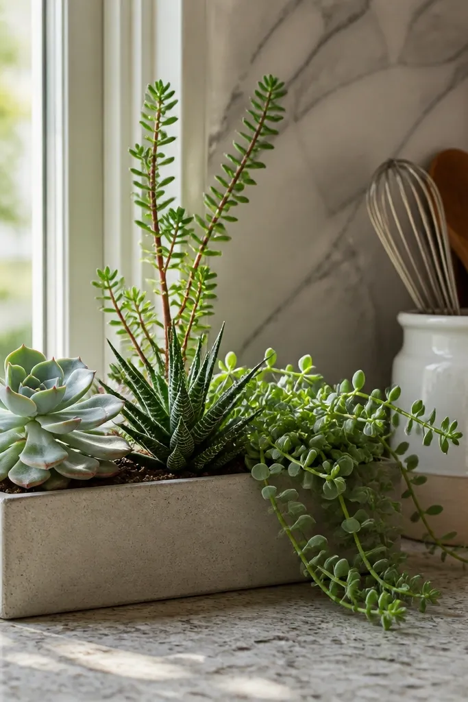 Shallow tray with succulents and one taller succulent accent on a kitchen window sill