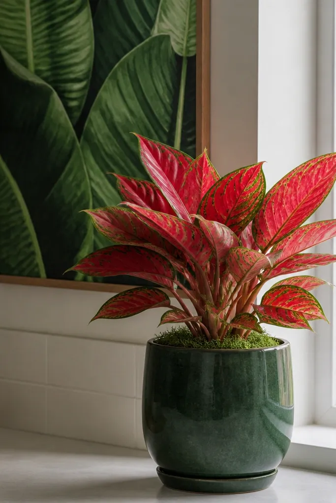 Red aglaonema in a glazed pot on a kitchen window sill