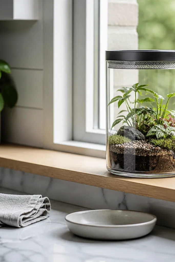 Small vented glass terrarium on a kitchen window with moss and tiny plants