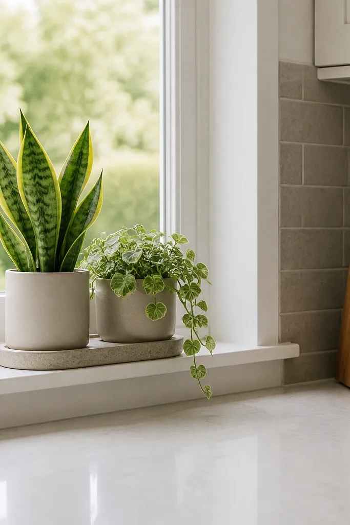 Two small plants in coordinated pots on a shared stone tray by a kitchen window