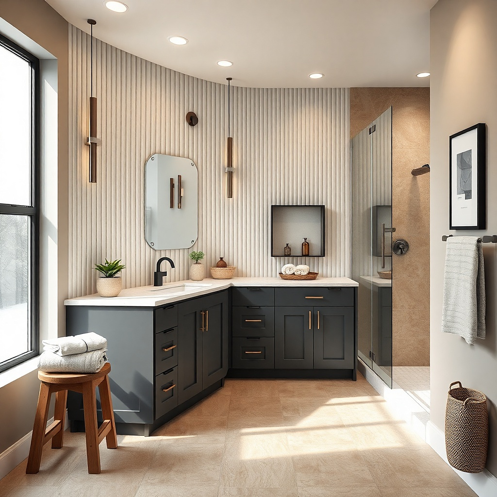 Charcoal shaker vanity with light quartz waterfall countertop and a centered round mirror