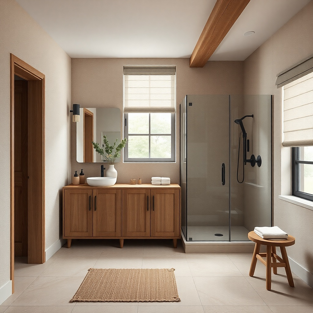 Warm oak vanity with matte black faucet and undermount sink under a wide mirror