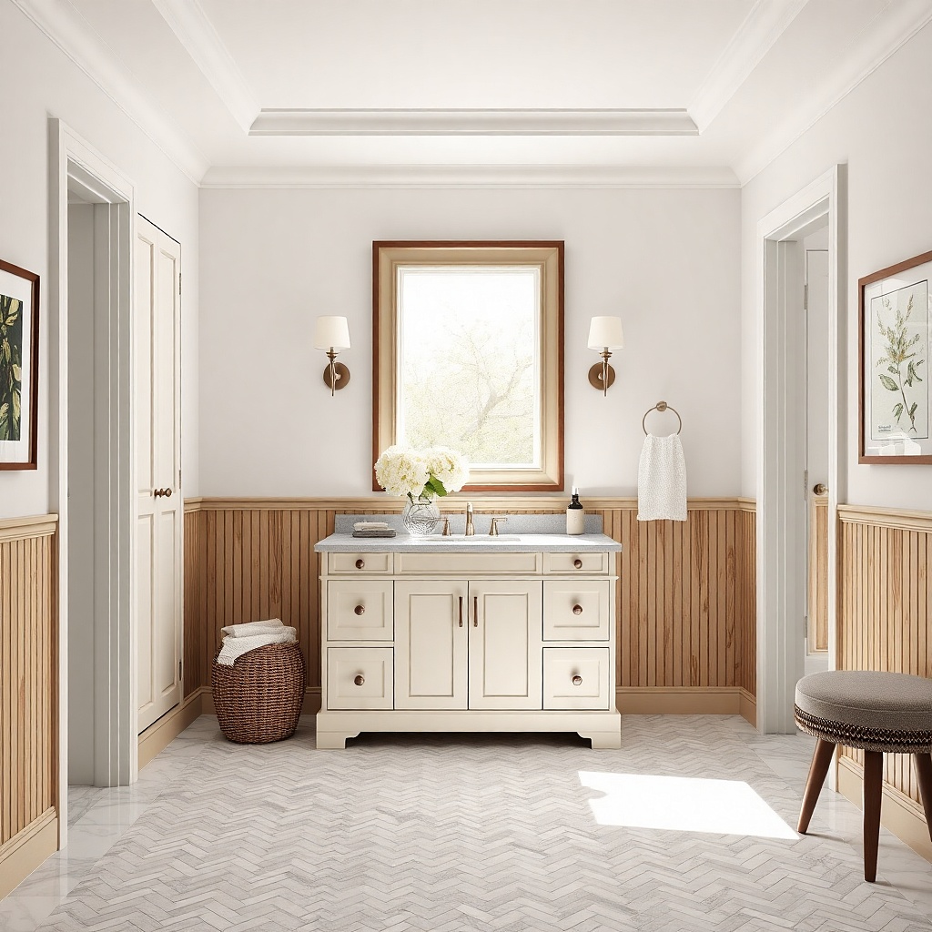 White painted vanity with beveled countertop edge and brushed nickel faucet