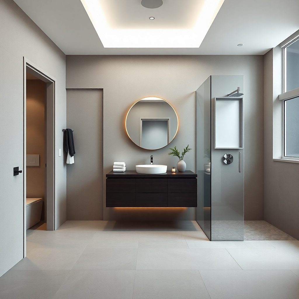Floating espresso vanity with slim quartz top and a wall-mounted mirror