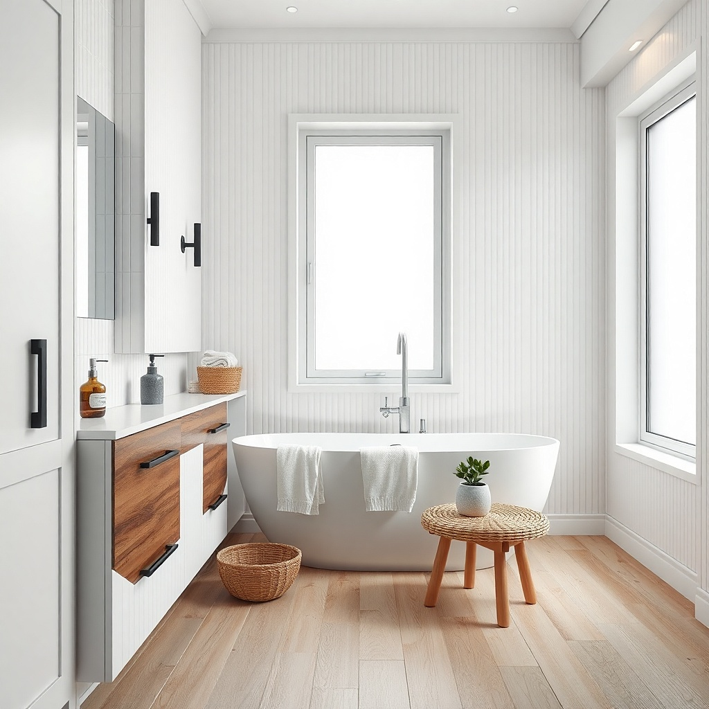Two-tone vanity with white upper doors and walnut drawer base under a wide mirror