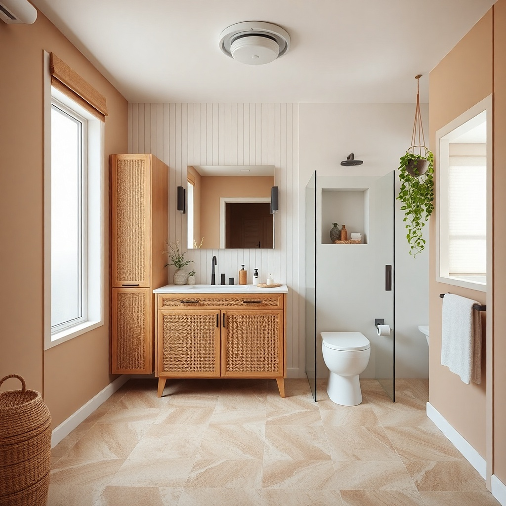 Rattan-front vanity with solid white countertop and a simple round mirror
