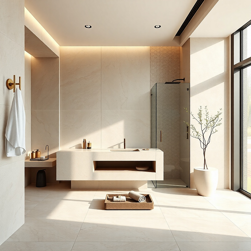 Beige stone-look vanity with brass faucet and rectangular mirror
