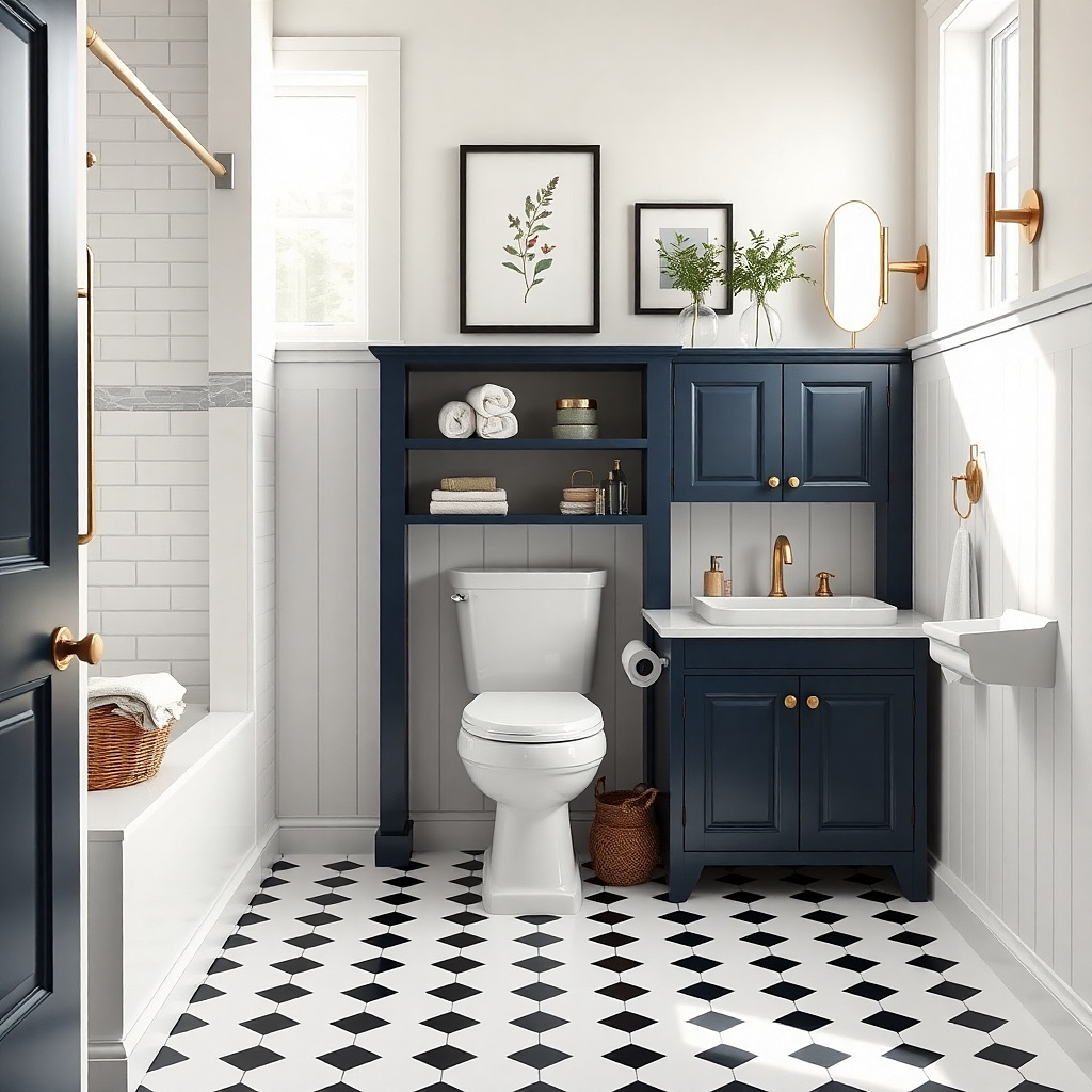 Navy shaker vanity with marble-look countertop and a matte black faucet